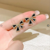 Korean Premium Mini Bow Earrings - Waterproof Black and Gold Design